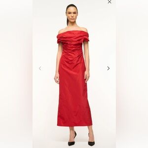 STAUD ANDREA DRESS ROUGE | Elegant Red Off-Shoulder Dress